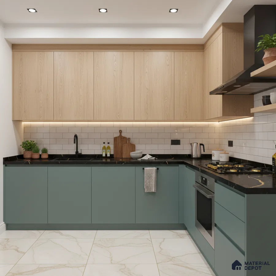 Modern dual tone kitchen with sage green laminate, light oak wood laminate, black marble countertop, and white subway backsplash tiles in Bengaluru