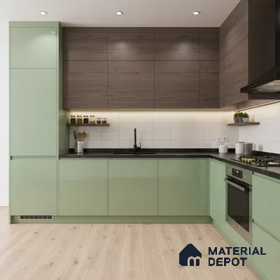 Modern dual tone kitchen with sage green laminate, walnut wood laminate, and black quartz countertop in Bengaluru