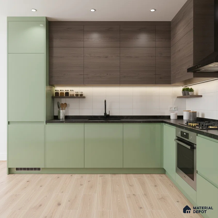 Modern dual tone kitchen with sage green laminate, walnut wood laminate, and black quartz countertop in Bengaluru