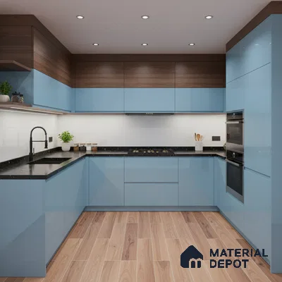 Modern dual tone kitchen with sky blue high gloss laminate, walnut wood laminate, and black quartz countertop in Bengaluru