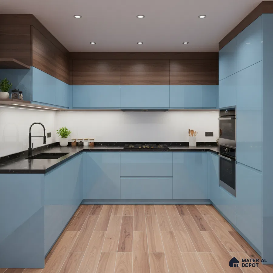 Modern dual tone kitchen with sky blue high gloss laminate, walnut wood laminate, and black quartz countertop in Bengaluru