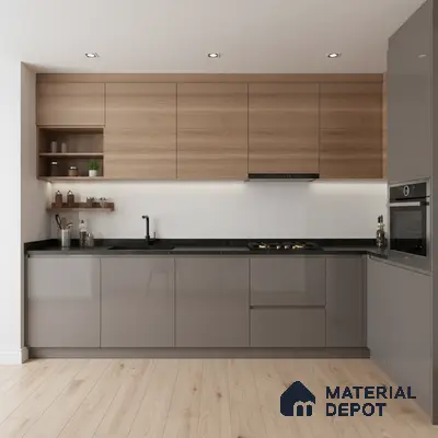 Modern dual tone kitchen with taupe high gloss laminate, natural oak laminate, and black quartz countertop in Bengaluru