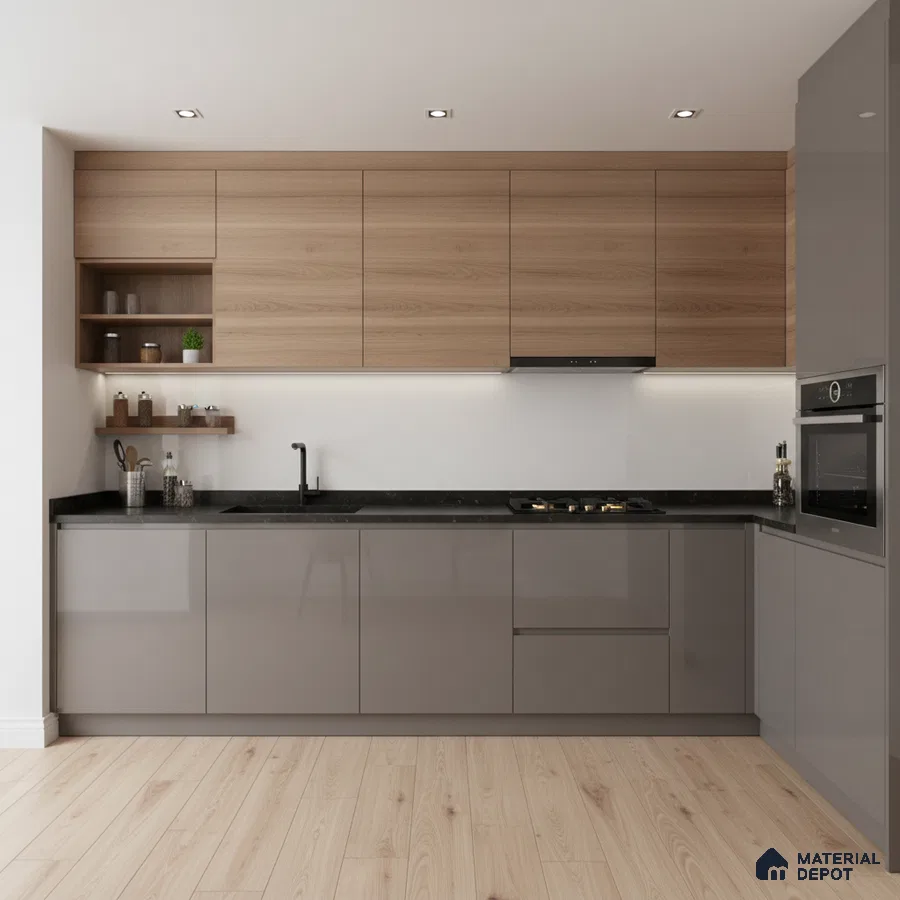 Modern dual tone kitchen with taupe high gloss laminate, natural oak laminate, and black quartz countertop in Bengaluru