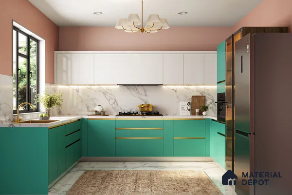 Modern dual tone kitchen with teal and white laminate, marble backsplash, and marble floor tile in Bengaluru | Material Depot
