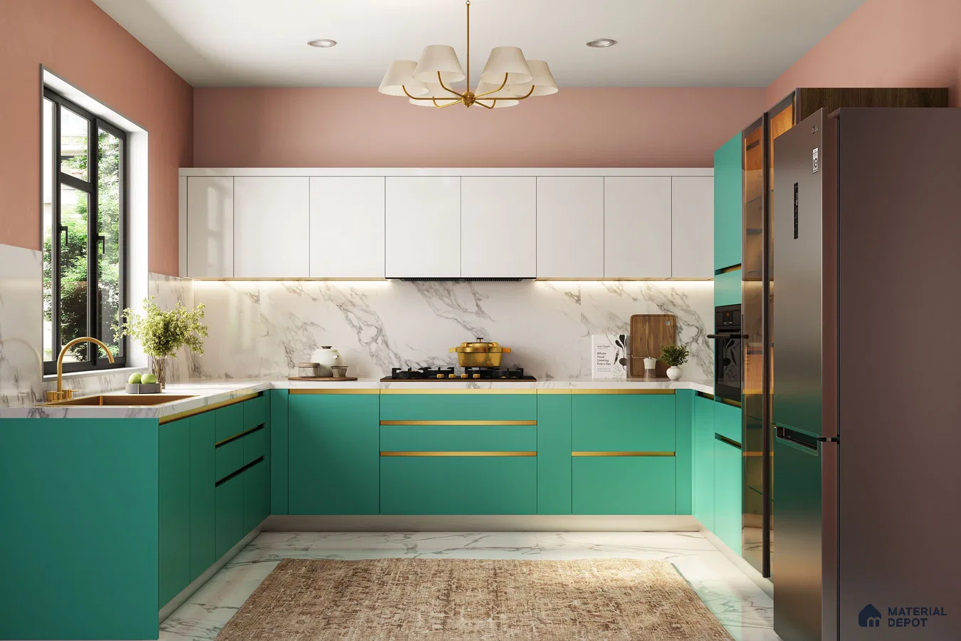 Modern dual tone kitchen with teal and white laminate, marble backsplash, and marble floor tile in Bengaluru | Material Depot