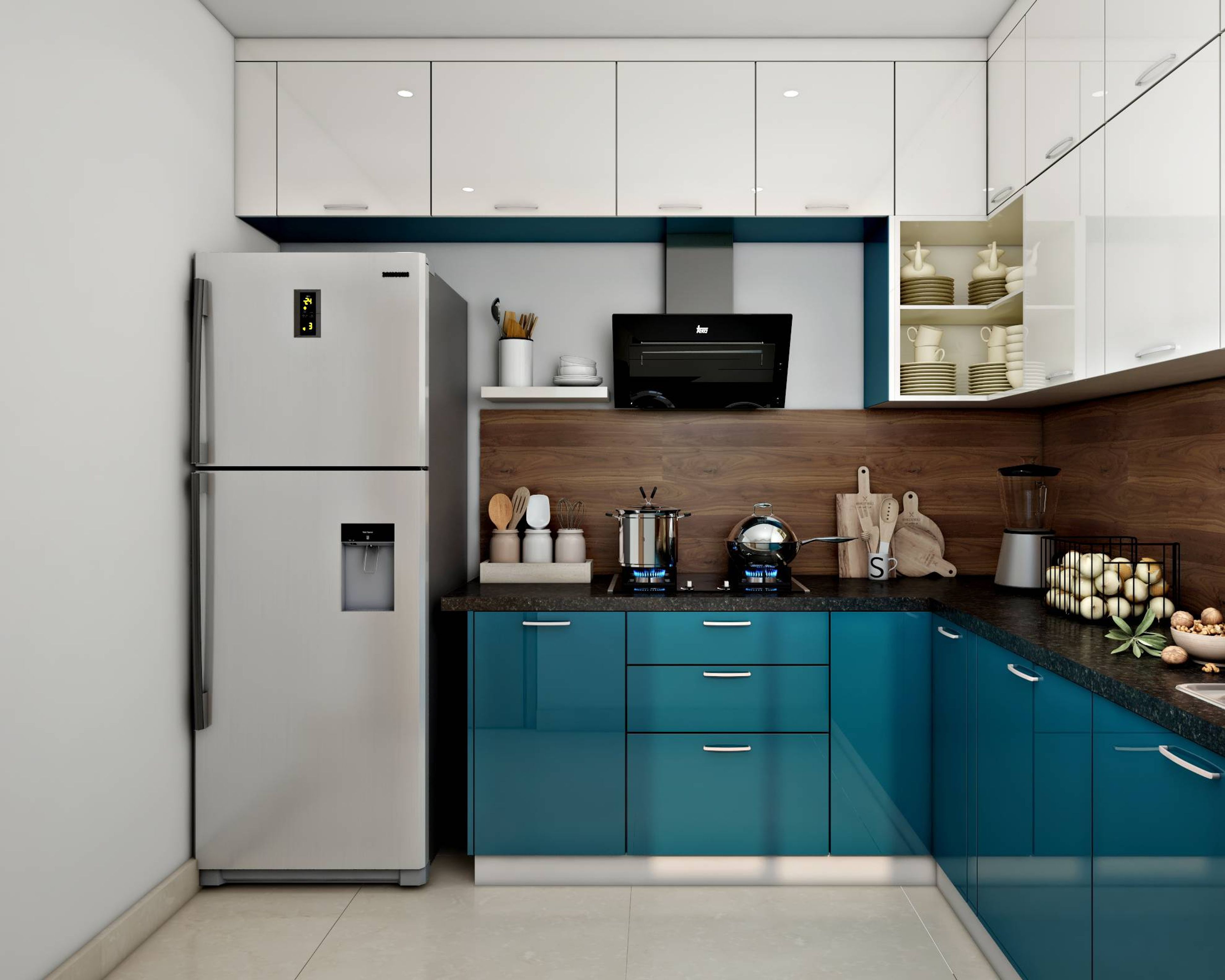 Modern dual tone kitchen with teal blue and frosty white high gloss laminate, black granite countertop, and walnut wood backsplash in Bengaluru | Material Depot