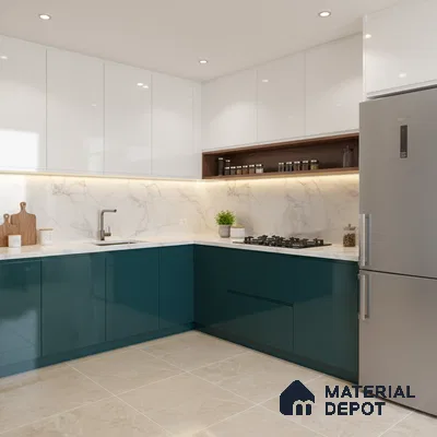 Modern dual tone kitchen with teal blue and frosty white high gloss laminate, white marble backsplash, and beige marble floor tile in Bengaluru