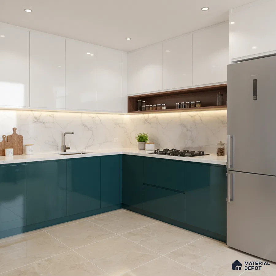 Modern dual tone kitchen with teal blue and frosty white high gloss laminate, white marble backsplash, and beige marble floor tile in Bengaluru