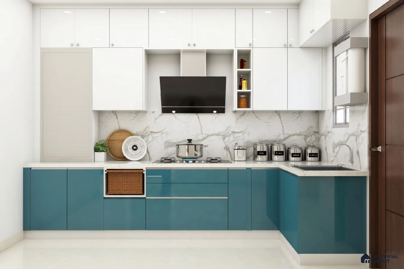 Modern dual tone kitchen with teal blue and frosty white high gloss laminate, white marble-look backsplash and countertop in Bengaluru | Material Depot