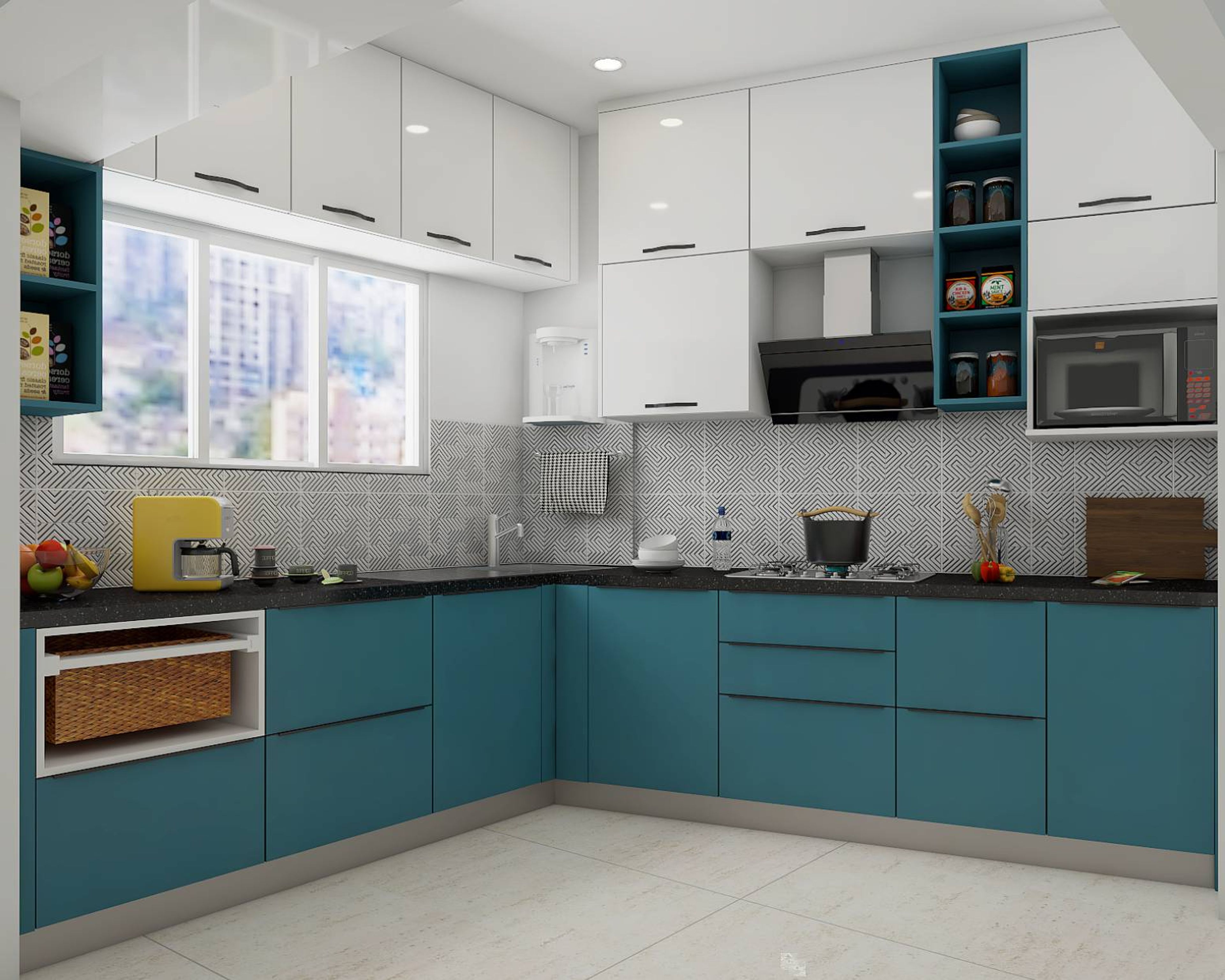Modern dual tone kitchen with teal blue and frosty white laminate, black granite countertop, and geometric backsplash tiles in Bengaluru | Material Depot