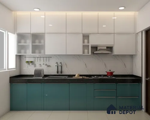 Modern dual tone kitchen with teal blue and frosty white laminate, black quartz countertop, and marble-look backsplash in Bengaluru | Material Depot