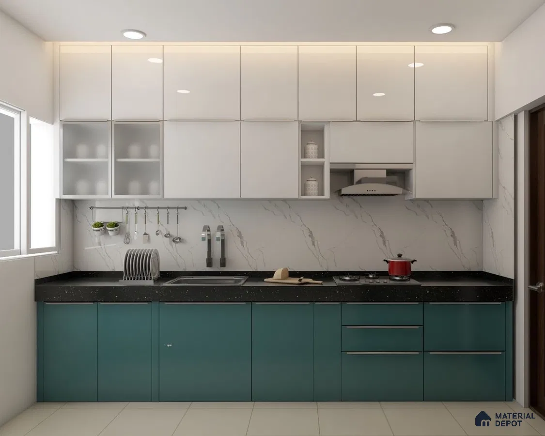 Modern dual tone kitchen with teal blue and frosty white laminate, black quartz countertop, and marble-look backsplash in Bengaluru | Material Depot