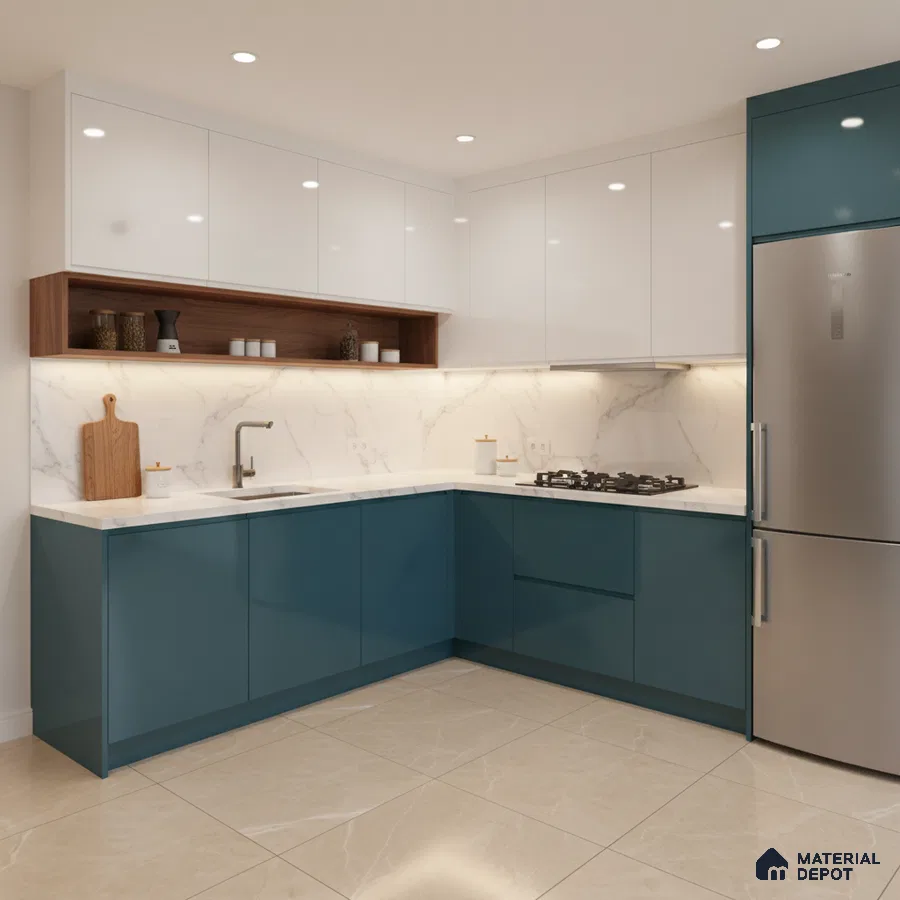 Modern dual tone kitchen with teal blue and frosty white laminate, marble-look backsplash, and beige floor tiles in Bengaluru
