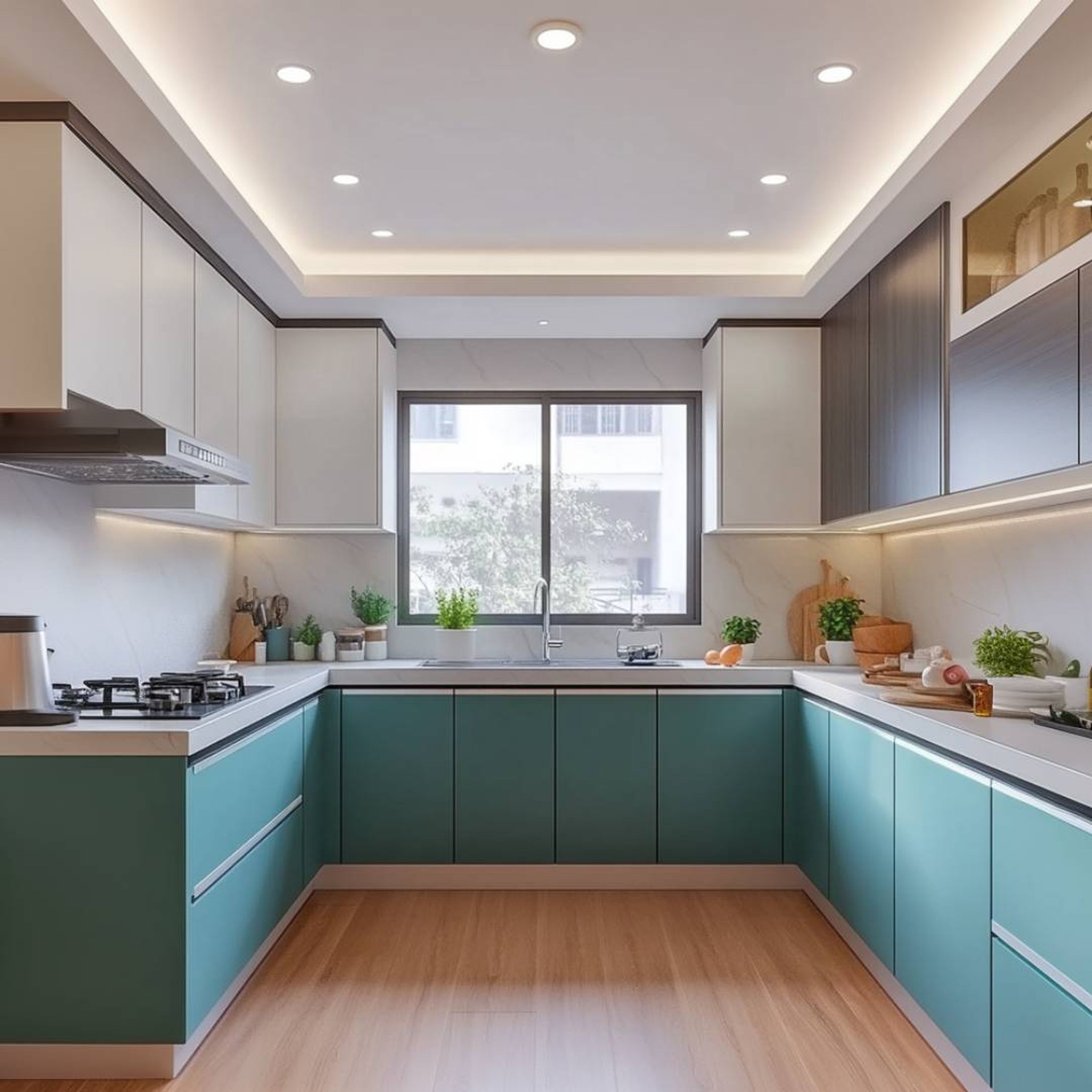 Modern dual tone kitchen with teal blue and frosty white laminate, white quartz countertop, and light wood flooring in Bengaluru | Material Depot