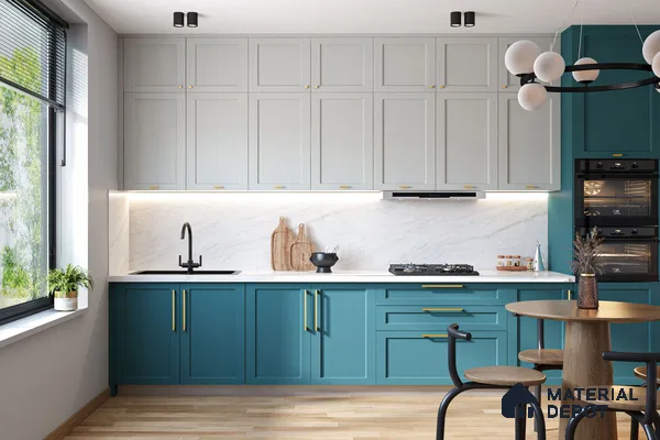 Modern dual tone kitchen with teal blue and light grey laminate, white marble backsplash, and wooden flooring in Bengaluru | Material Depot