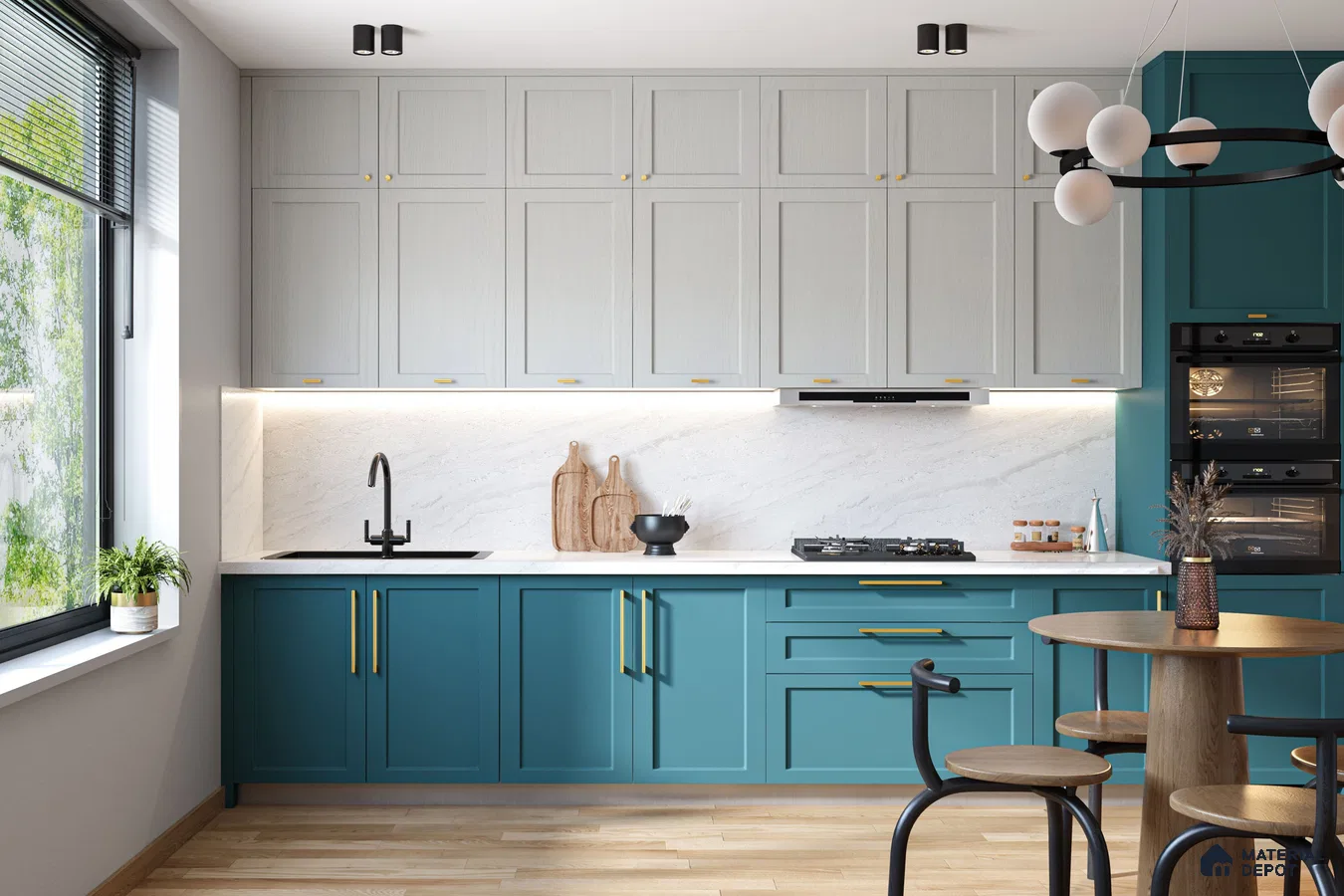 Modern dual tone kitchen with teal blue and light grey laminate, white marble backsplash, and wooden flooring in Bengaluru | Material Depot