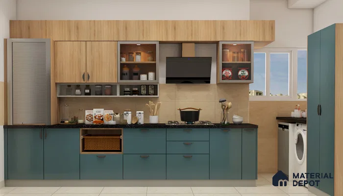 Modern dual tone kitchen with teal blue and light oak laminate, black quartz countertop, and beige tile backsplash in Bengaluru | Material Depot
