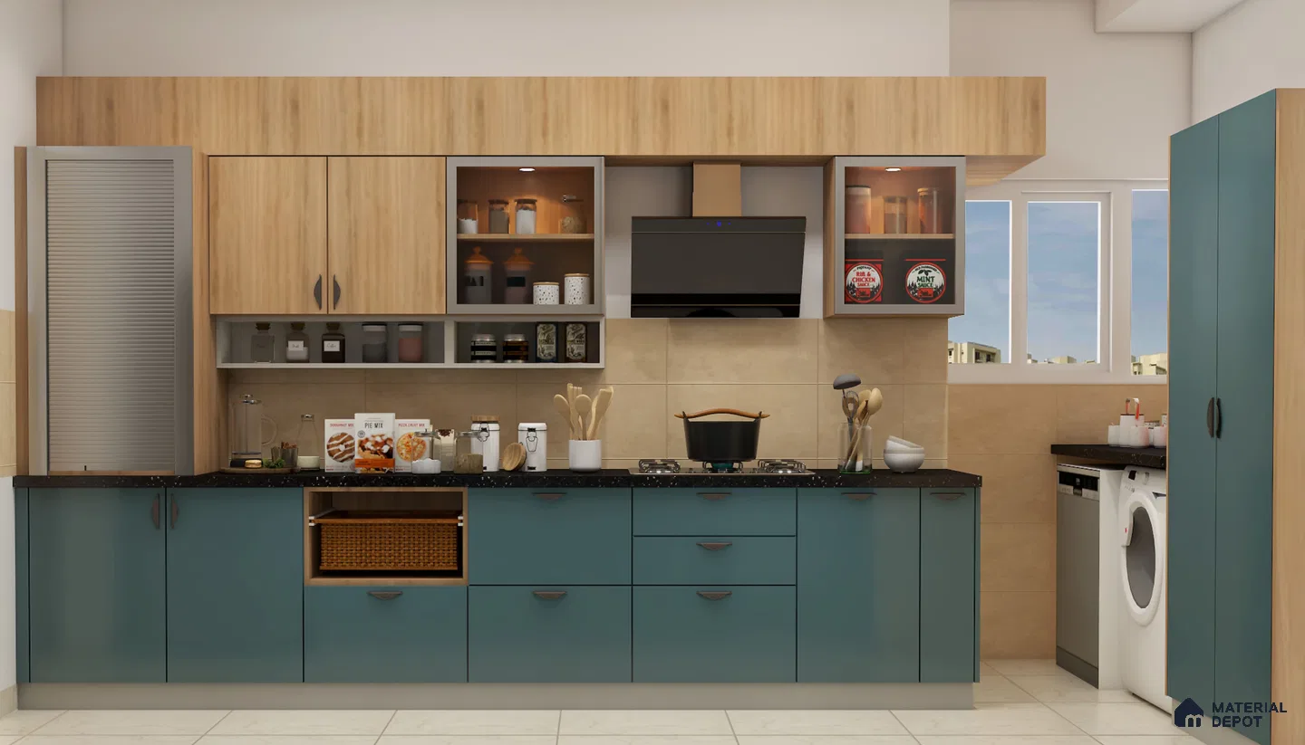Modern dual tone kitchen with teal blue and light oak laminate, black quartz countertop, and beige tile backsplash in Bengaluru | Material Depot