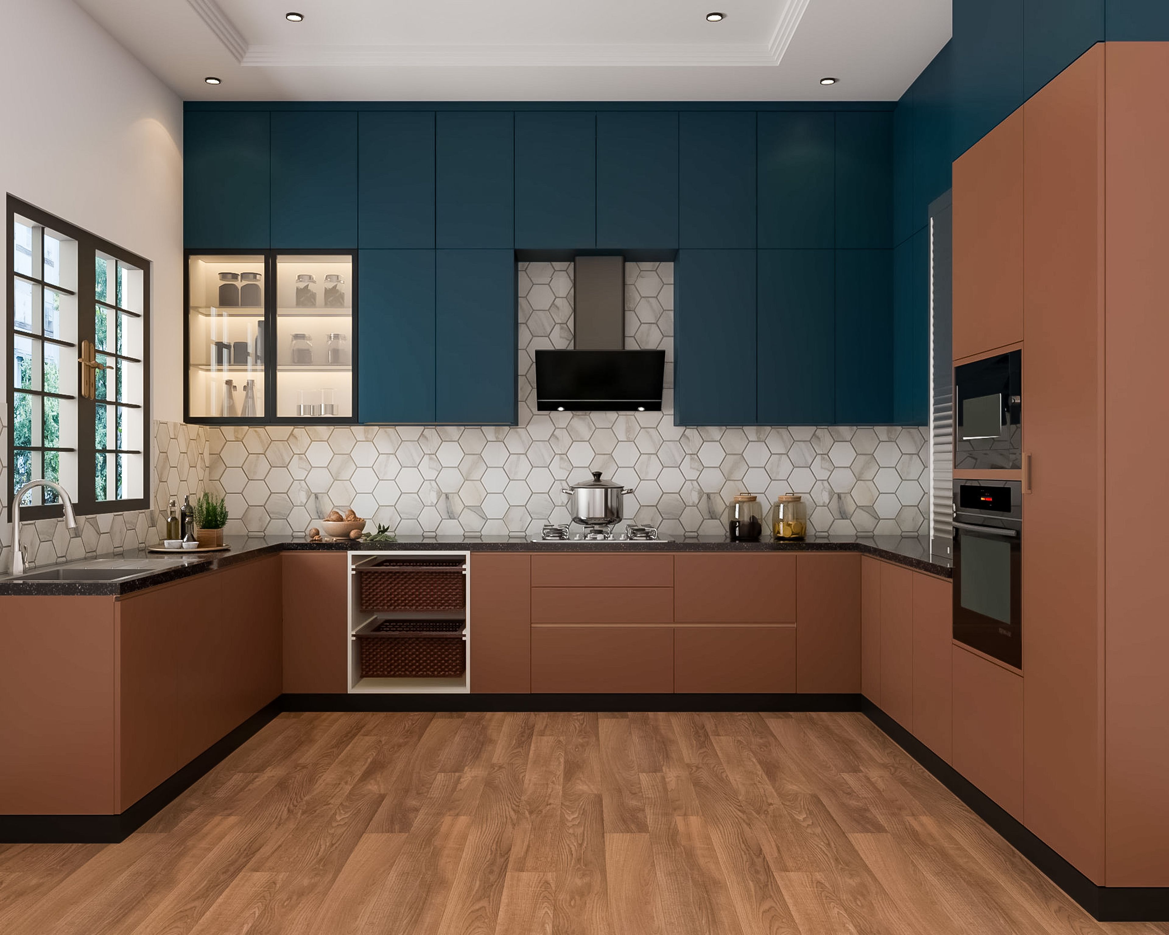 Modern dual tone kitchen with teal blue and terracotta laminate, hexagonal backsplash tile, and wood-look flooring in Bengaluru | Material Depot