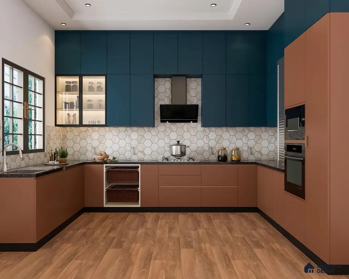 Modern dual tone kitchen with teal blue and terracotta laminate, hexagonal backsplash tile, and wood-look flooring in Bengaluru | Material Depot