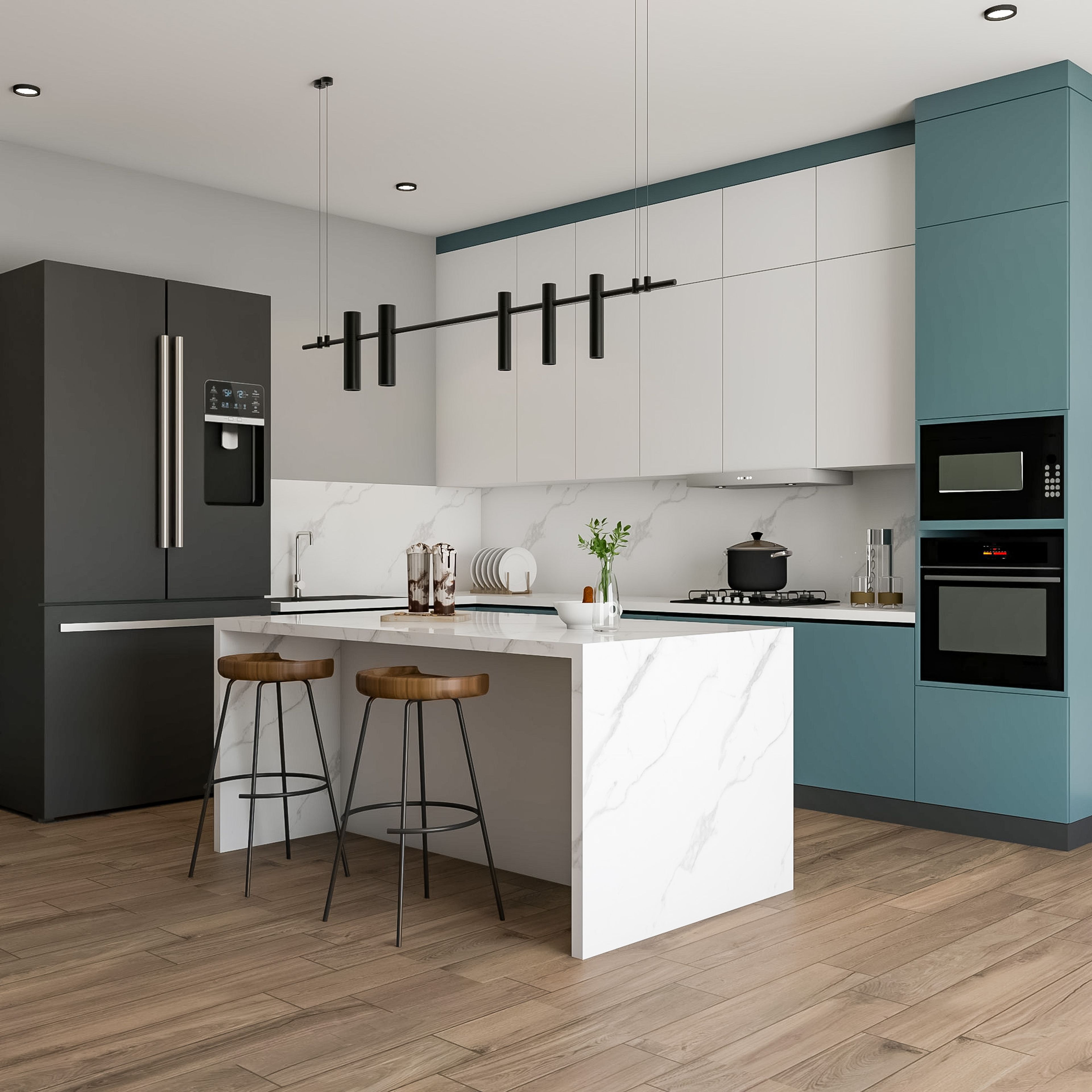 Modern dual tone kitchen with teal blue and white laminate, marble-look quartz countertop, and wood-look floor tile in Bengaluru | Material Depot