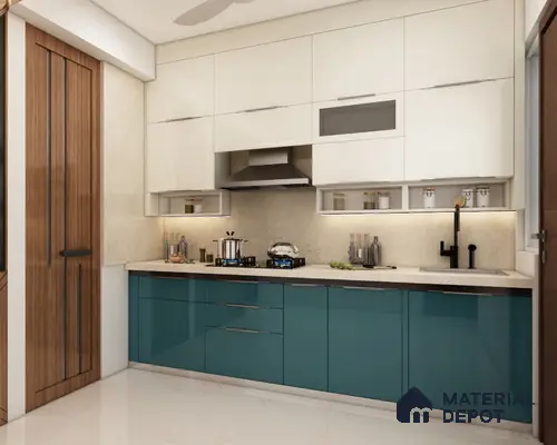 Modern dual tone kitchen with teal blue high gloss laminate, frosty white laminate, and beige quartz countertop in Bengaluru | Material Depot