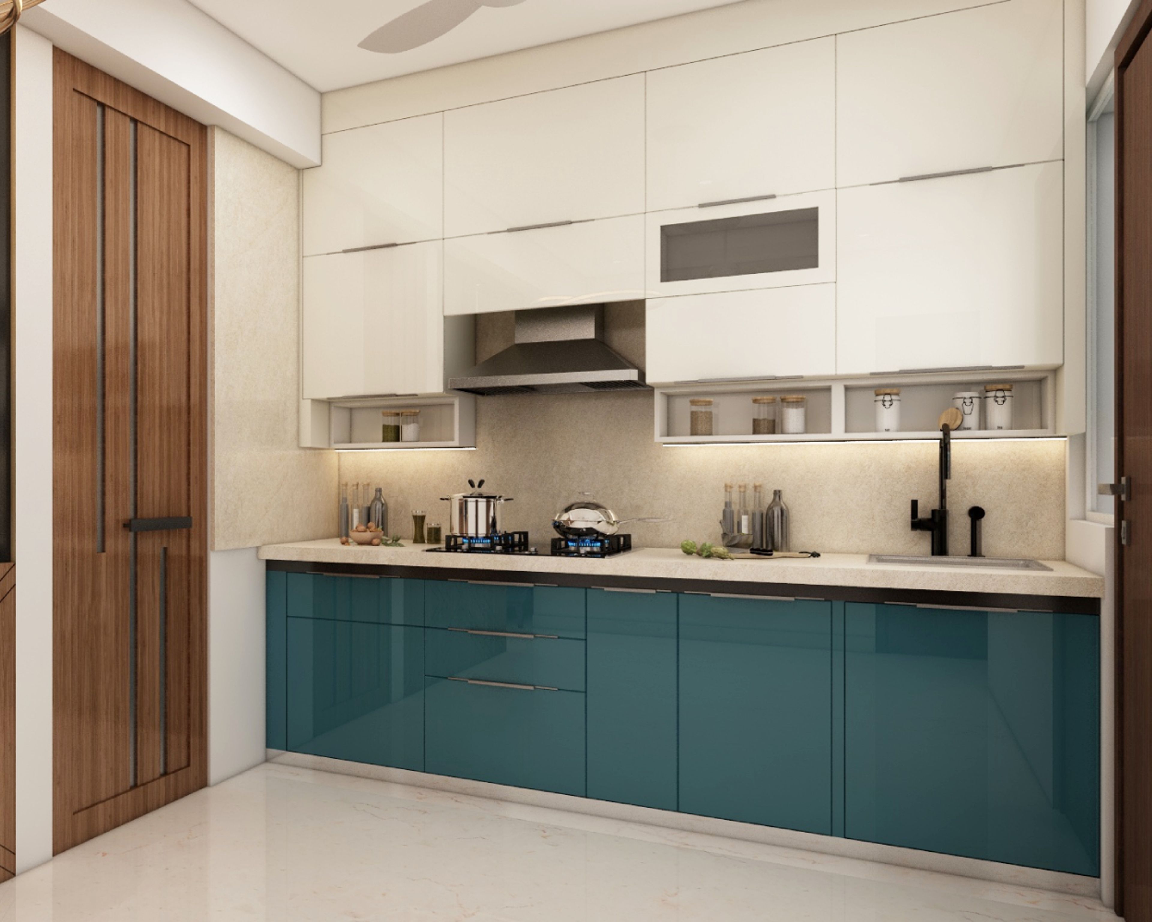 Modern dual tone kitchen with teal blue high gloss laminate, frosty white laminate, and beige quartz countertop in Bengaluru | Material Depot