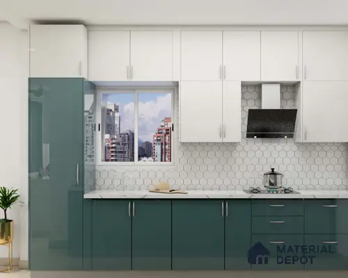 Modern dual tone kitchen with teal blue high gloss laminate, frosty white laminate, and white hexagonal backsplash tiles in Bengaluru | Material Depot