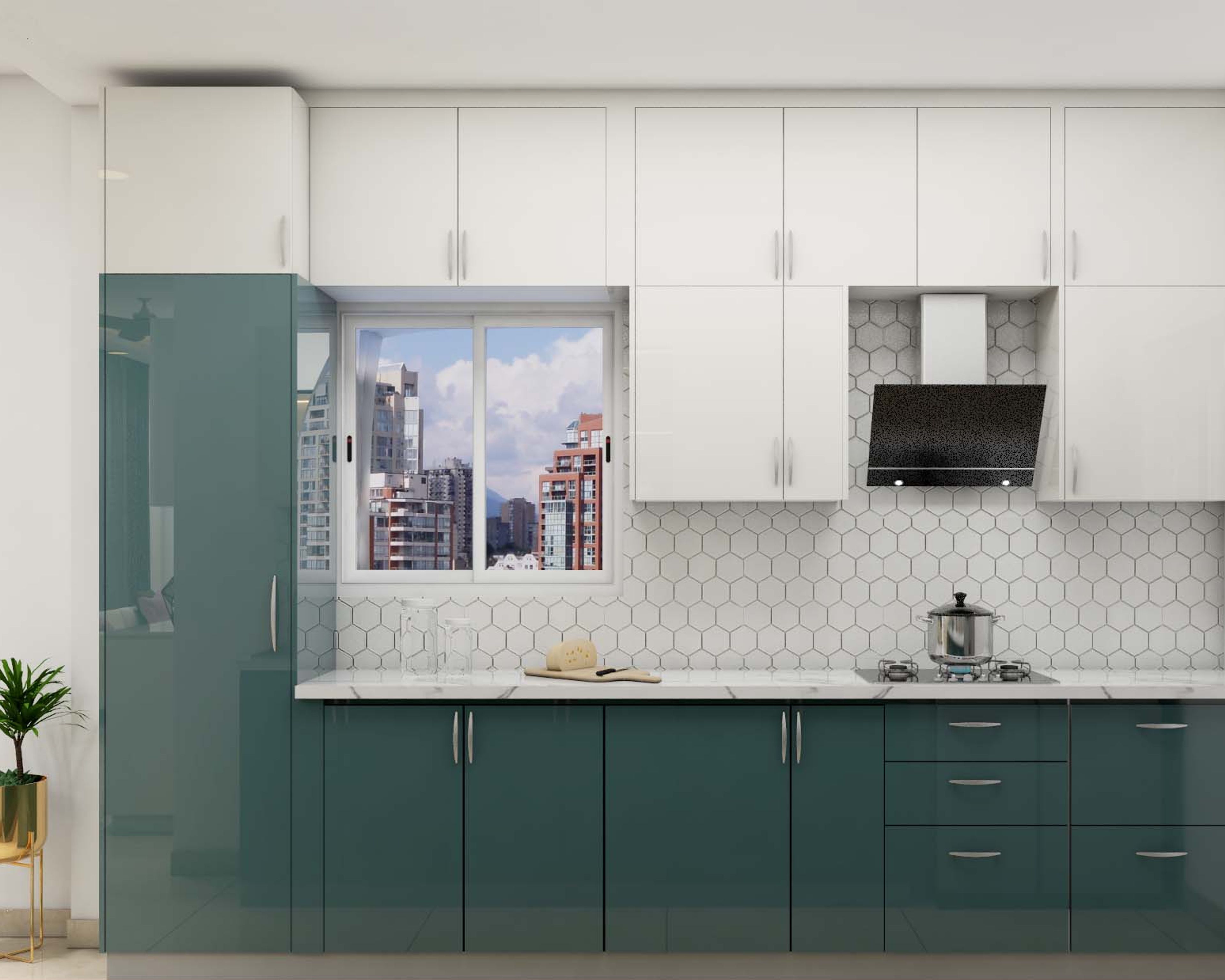 Modern dual tone kitchen with teal blue high gloss laminate, frosty white laminate, and white hexagonal backsplash tiles in Bengaluru | Material Depot