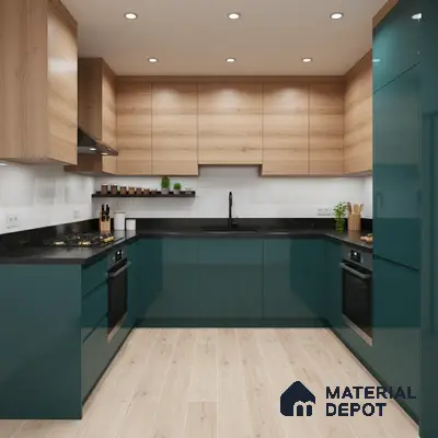 Modern dual tone kitchen with teal high gloss laminate, natural oak laminate, and black quartz countertop in Bengaluru