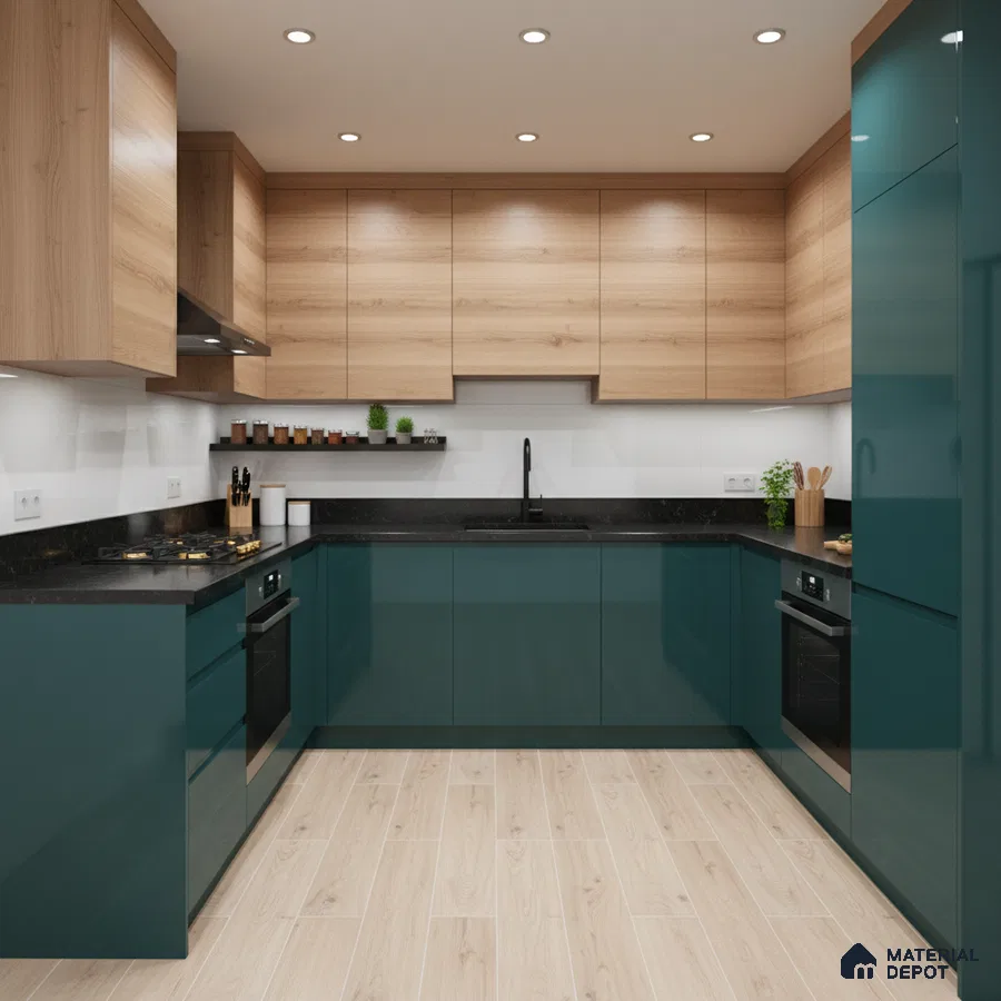 Modern dual tone kitchen with teal high gloss laminate, natural oak laminate, and black quartz countertop in Bengaluru