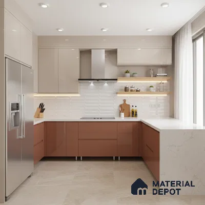 Modern dual tone kitchen with terracotta and beige high gloss laminate, white quartz countertop, and white 3D subway backsplash tile in Bengaluru