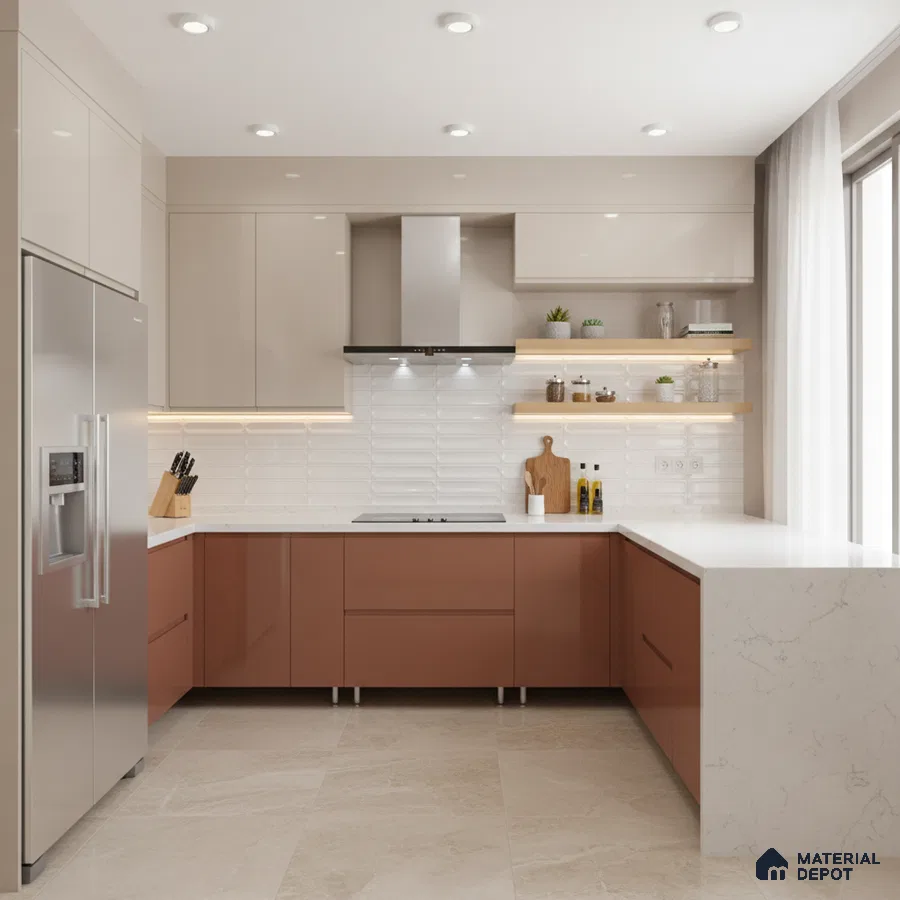 Modern dual tone kitchen with terracotta and beige high gloss laminate, white quartz countertop, and white 3D subway backsplash tile in Bengaluru