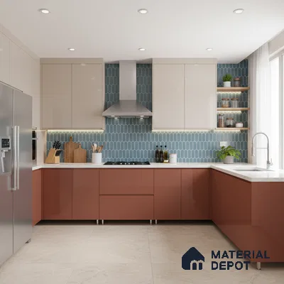 Modern dual tone kitchen with terracotta and beige laminate, blue geometric backsplash tile, and white quartz countertop in Bengaluru