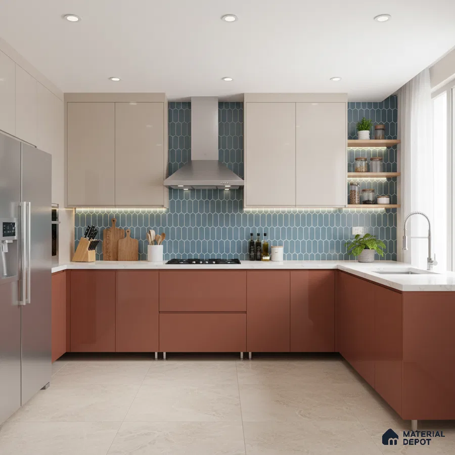 Modern dual tone kitchen with terracotta and beige laminate, blue geometric backsplash tile, and white quartz countertop in Bengaluru
