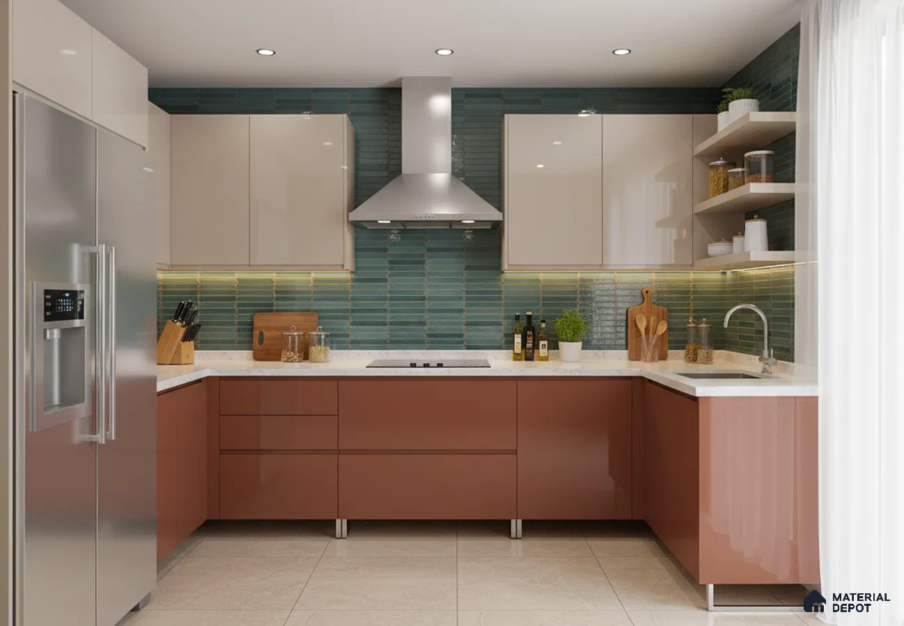Modern dual tone kitchen with terracotta and beige laminate, green kitkat backsplash tile, and white quartz countertop in Bengaluru