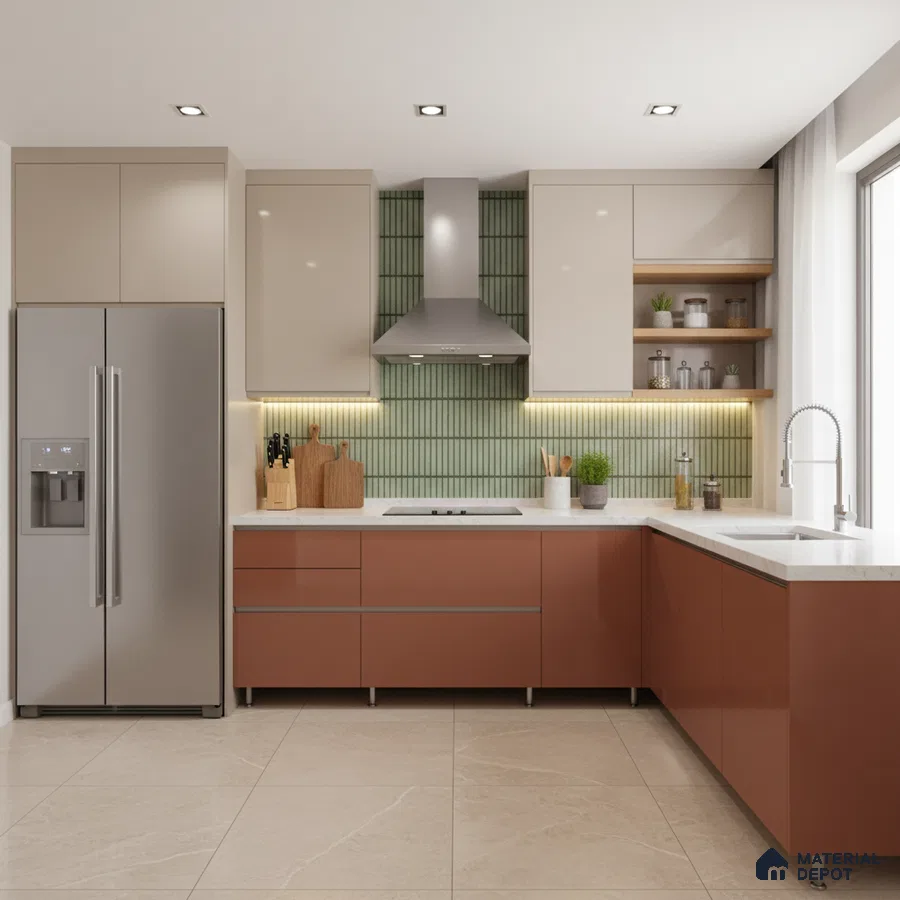 Modern dual tone kitchen with terracotta and beige laminate, green kitkat backsplash tile, and white quartz countertop in Bengaluru