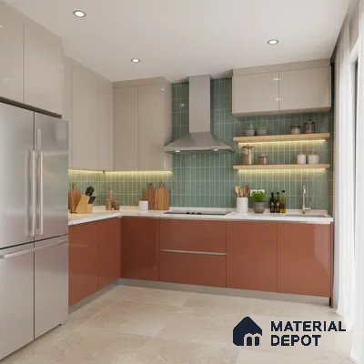 Modern dual tone kitchen with terracotta and beige laminate, green vertical subway backsplash tile, and beige floor tile in Bengaluru