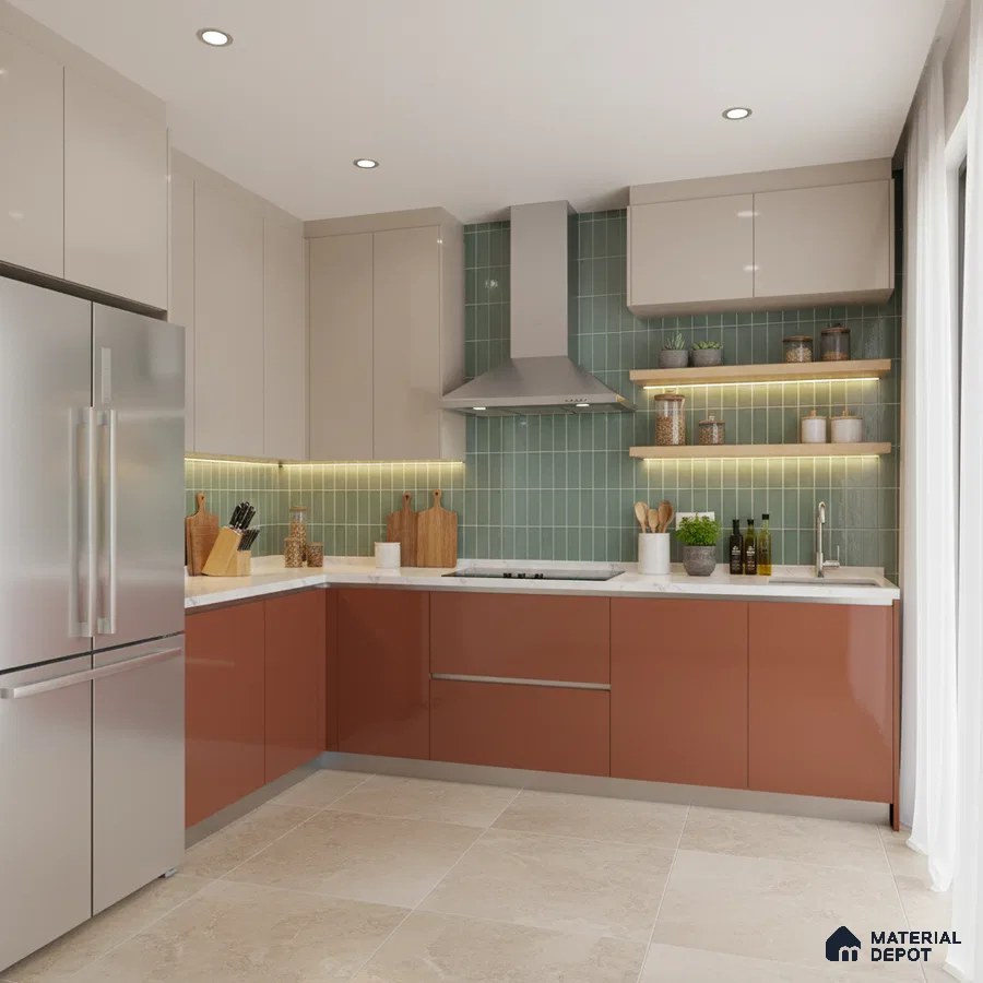 Modern dual tone kitchen with terracotta and beige laminate, green vertical subway backsplash tile, and beige floor tile in Bengaluru