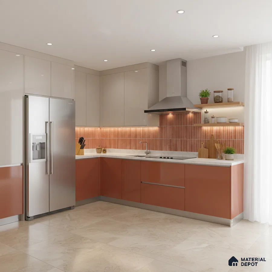 Modern dual tone kitchen with terracotta and beige laminate, white marble countertop, and terracotta kitkat backsplash tile in Bengaluru