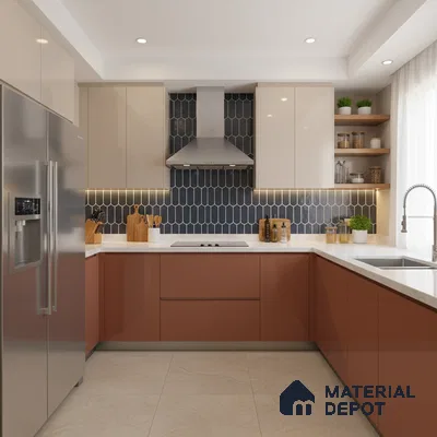 Modern dual tone kitchen with terracotta and beige laminate, white quartz countertop, and navy blue picket backsplash tile in Bengaluru