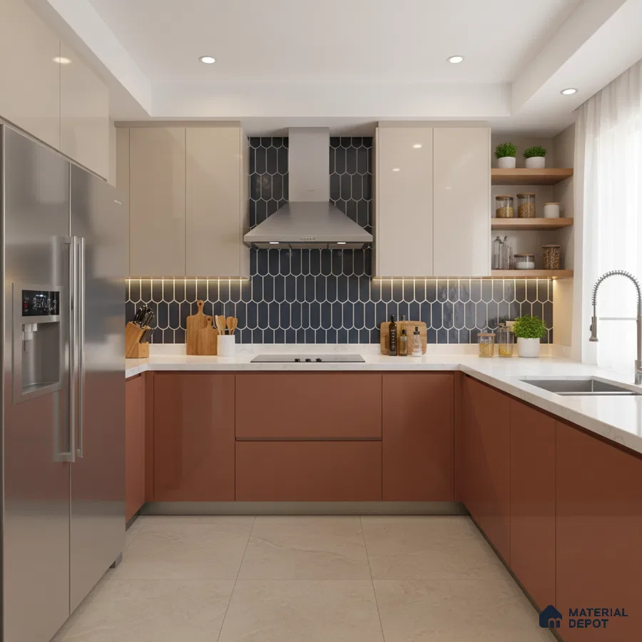 Modern dual tone kitchen with terracotta and beige laminate, white quartz countertop, and navy blue picket backsplash tile in Bengaluru