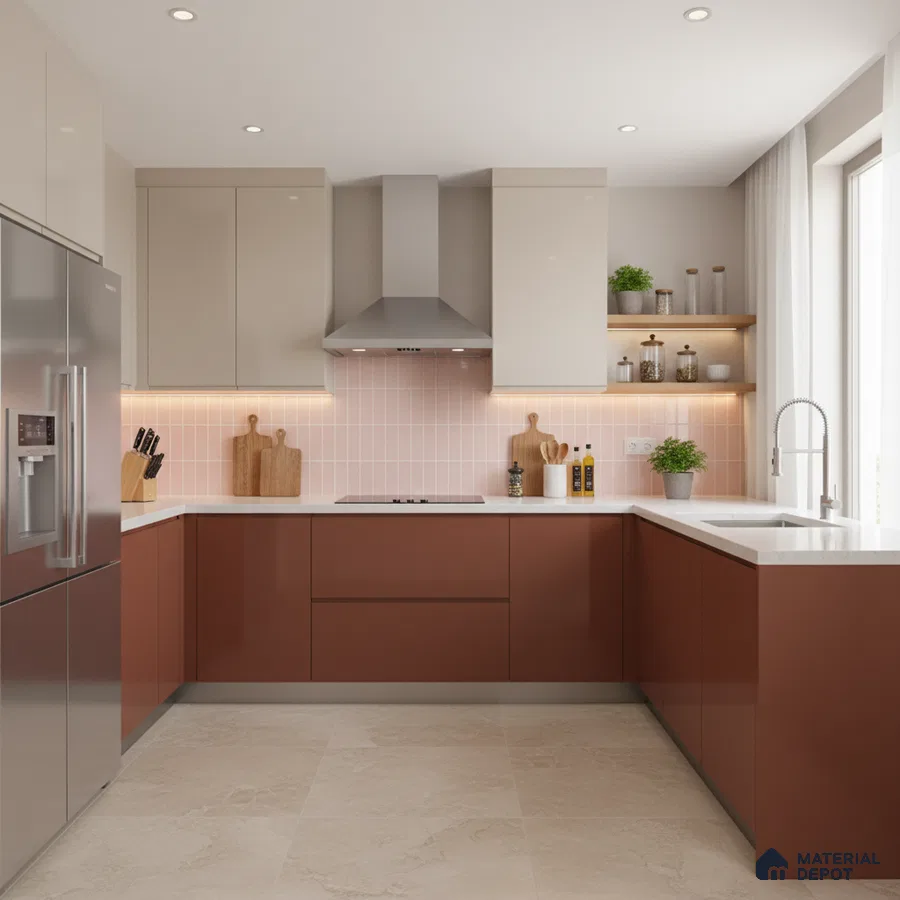 Modern dual tone kitchen with terracotta and beige laminate, white quartz countertop, and pink subway tile backsplash in Bengaluru