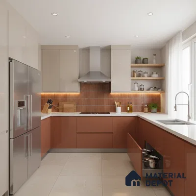 Modern dual tone kitchen with terracotta and beige laminate, white quartz countertop, and terracotta kitkat backsplash tile in Bengaluru