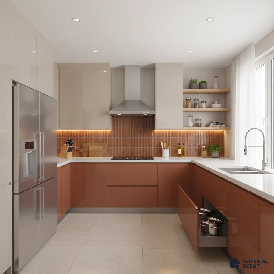 Modern dual tone kitchen with terracotta and beige laminate, white quartz countertop, and terracotta kitkat backsplash tile in Bengaluru