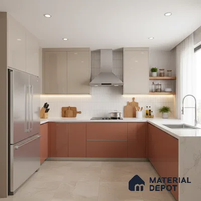 Modern dual tone kitchen with terracotta and beige laminate, white quartz countertop, and vertical subway backsplash tile in Bengaluru