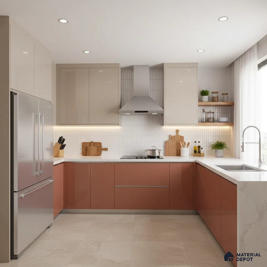 Modern dual tone kitchen with terracotta and beige laminate, white quartz countertop, and vertical subway backsplash tile in Bengaluru