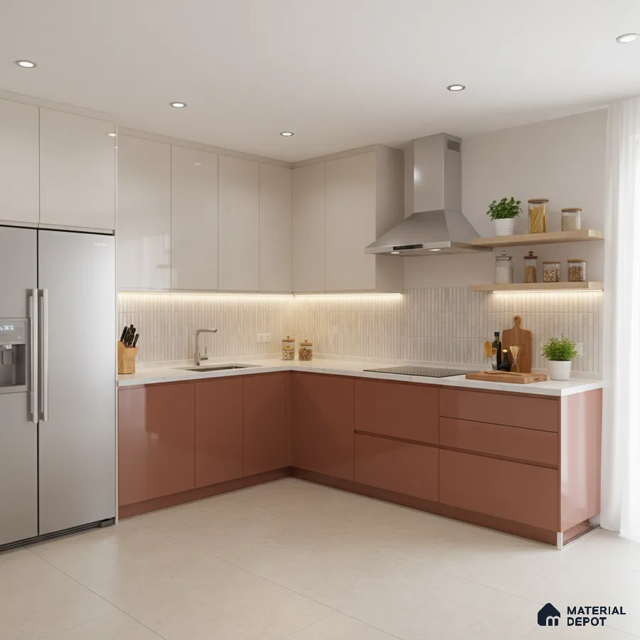 Modern dual tone kitchen with terracotta and beige laminate, white quartz countertop, and vertical subway backsplash tiles in Bengaluru