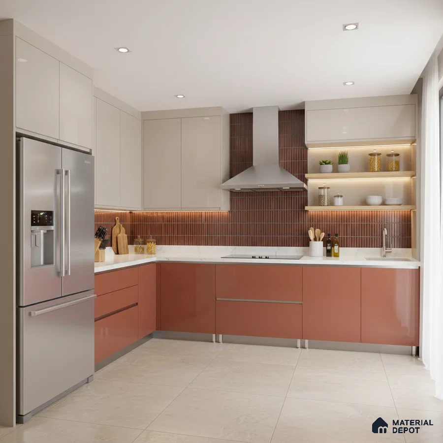 Modern dual tone kitchen with terracotta high gloss laminate, beige laminate, and brown kitkat backsplash tiles in Bengaluru