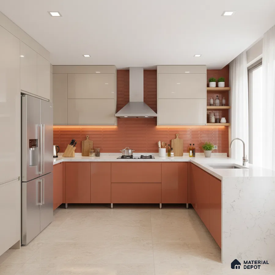Modern dual tone kitchen with terracotta laminate, beige high gloss laminate, and marble-look quartz countertop in Bengaluru